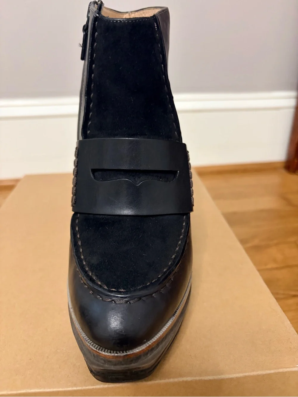 Cole Haan Black Leather and Suede Platform Ankle Booties